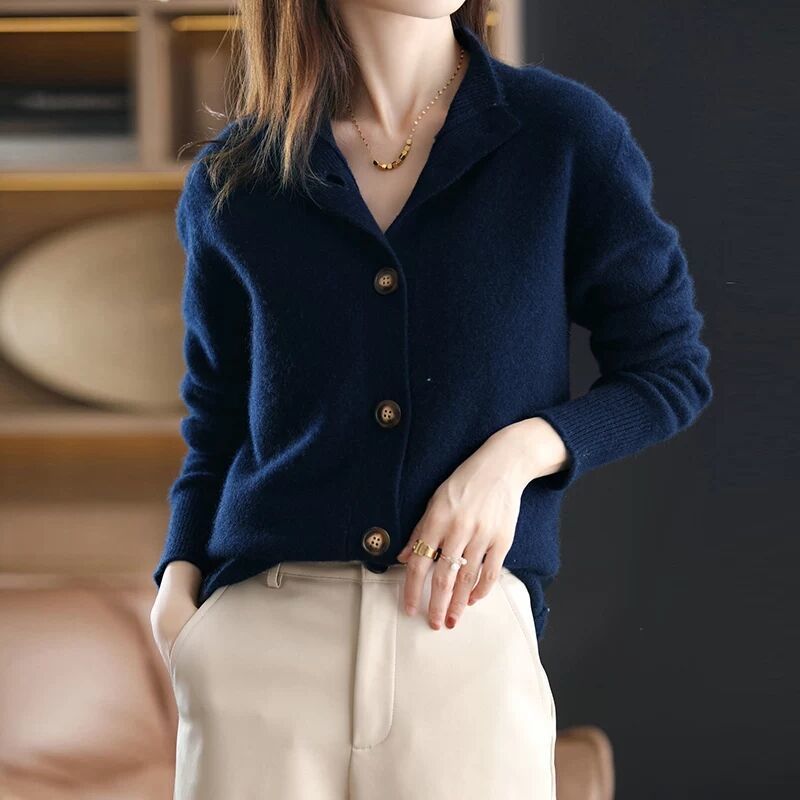 Cardigan tricoté à col montant rétro, manteau court ample, pull pour femme